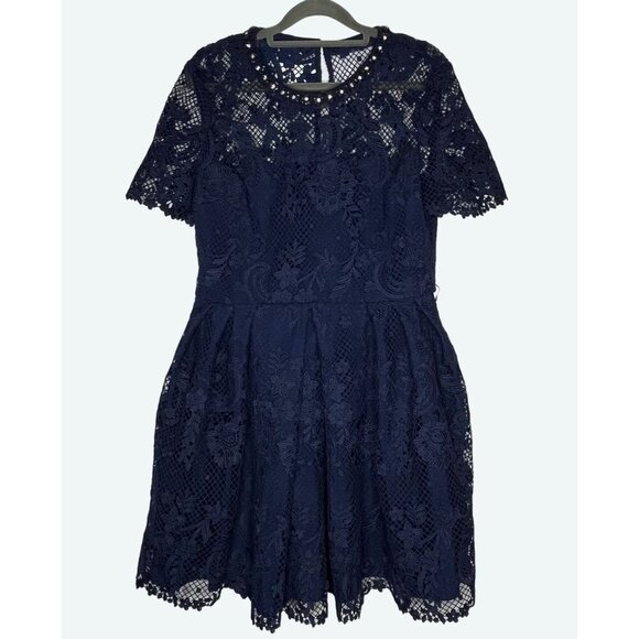Self Portrait Lace Embellished Mini Dress Navy Blue Size 8 NWT - Picture 1 of 11